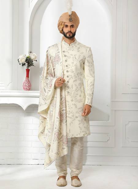 Cream Colour Designer Wedding Wear Art Silk Sherwani Collection 1751